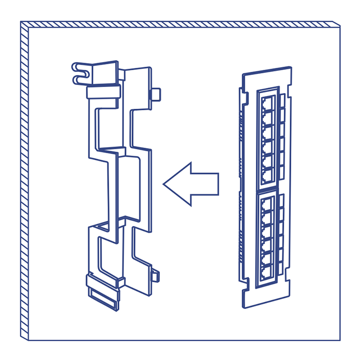 Exploded view of a wall mounting bracket with interlocking parts and an arrow showing assembly direction.