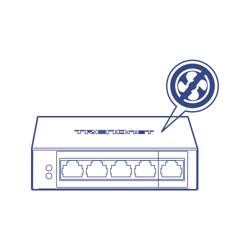 Line art of a 5-Port Network Switch with a no-fan icon.