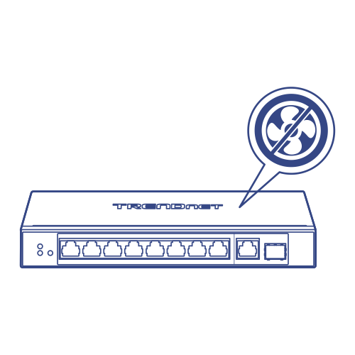 Line art of a 10-Port Network Switch with a no-fan icon.