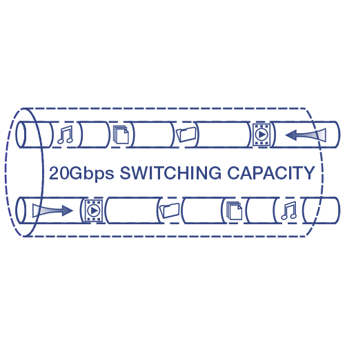 Illustration of a network cable labeled 20Gbps SWITCHING CAPACITY with icons representing music, video, data transfer moving through the network.