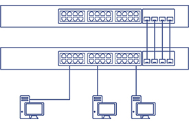 Diagrama de rede mostrando uma topologia de rede com duas fileiras de switches na parte superior interconectados por linhas e quatro ícones de computador abaixo conectados aos switches, ilustrando o layout de uma infraestrutura de TI.