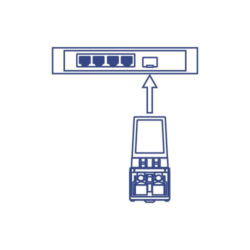 Illustration of a fiber module with an arrow pointing towards it, indicating placement.