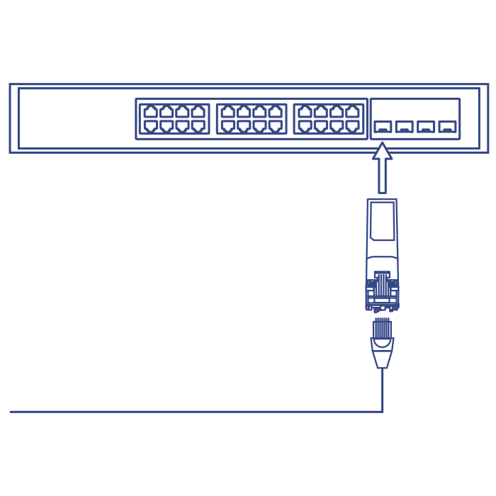 Network diagram showing a 10G RJ-45 Copper SFP+ Module inserted into an SFP port, with an RJ-45 connector connected to it.