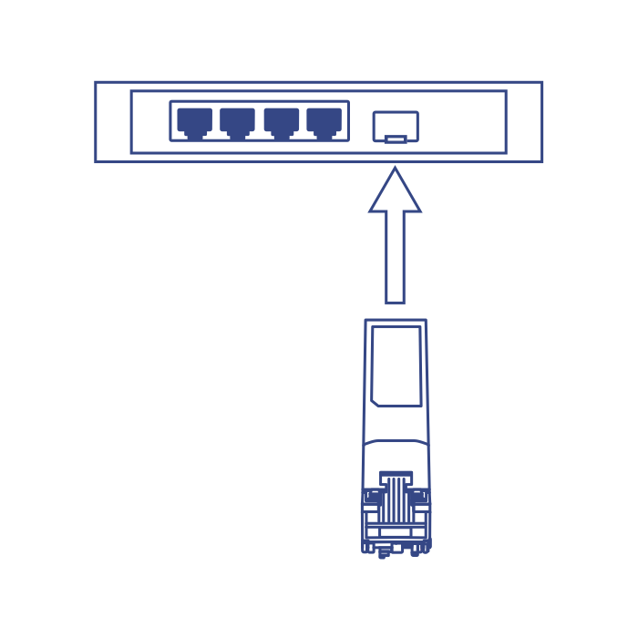 Network diagram showing a 10G RJ-45 Copper SFP+ Module inserted into an SFP port.