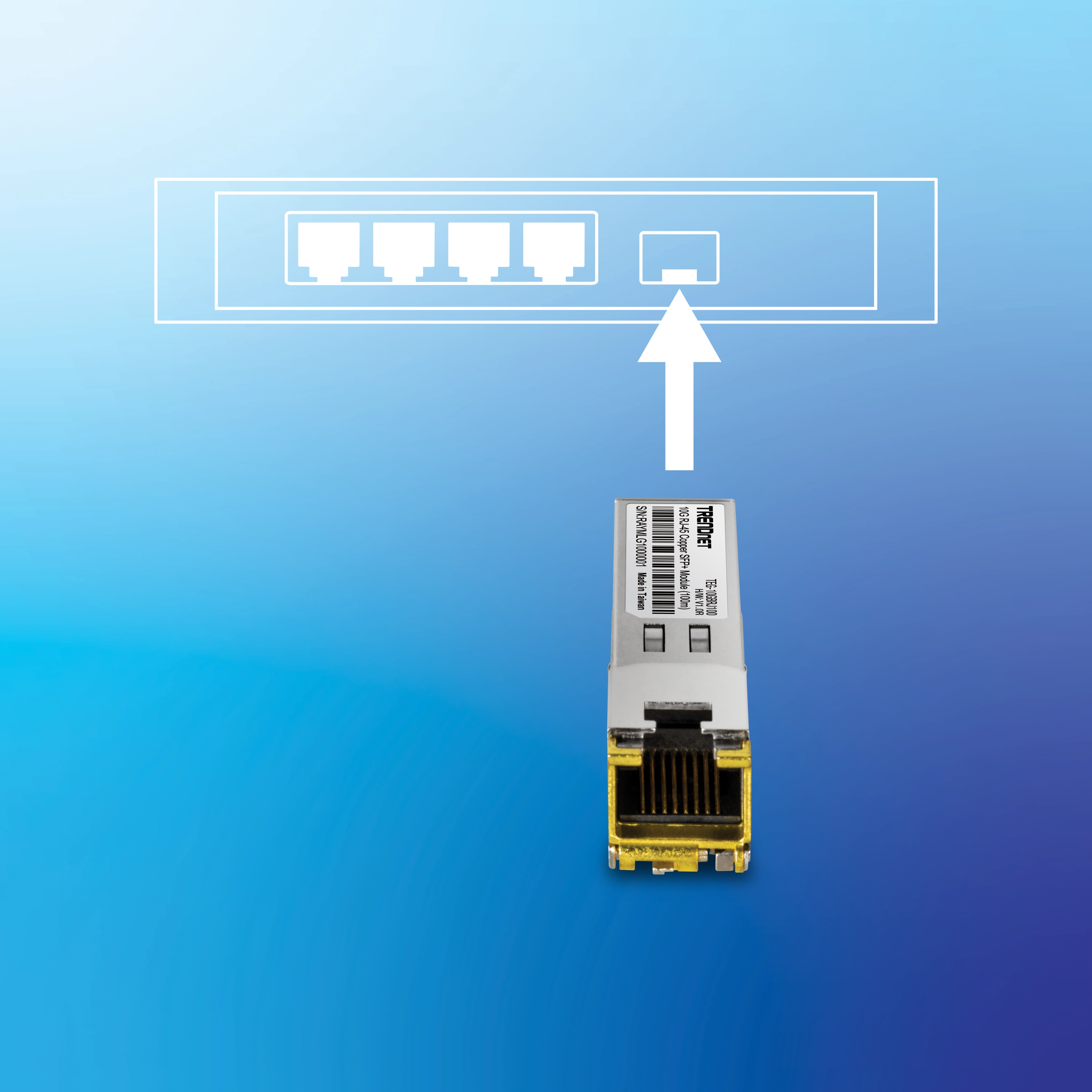 SFP transceiver module labeled TRENDnet TEG-MGBS10 positioned below a network switch panel diagram with four Ethernet ports and one SFP port; a white arrow points from the module to the SFP port, indicating installation direction, all set against a gradient blue background