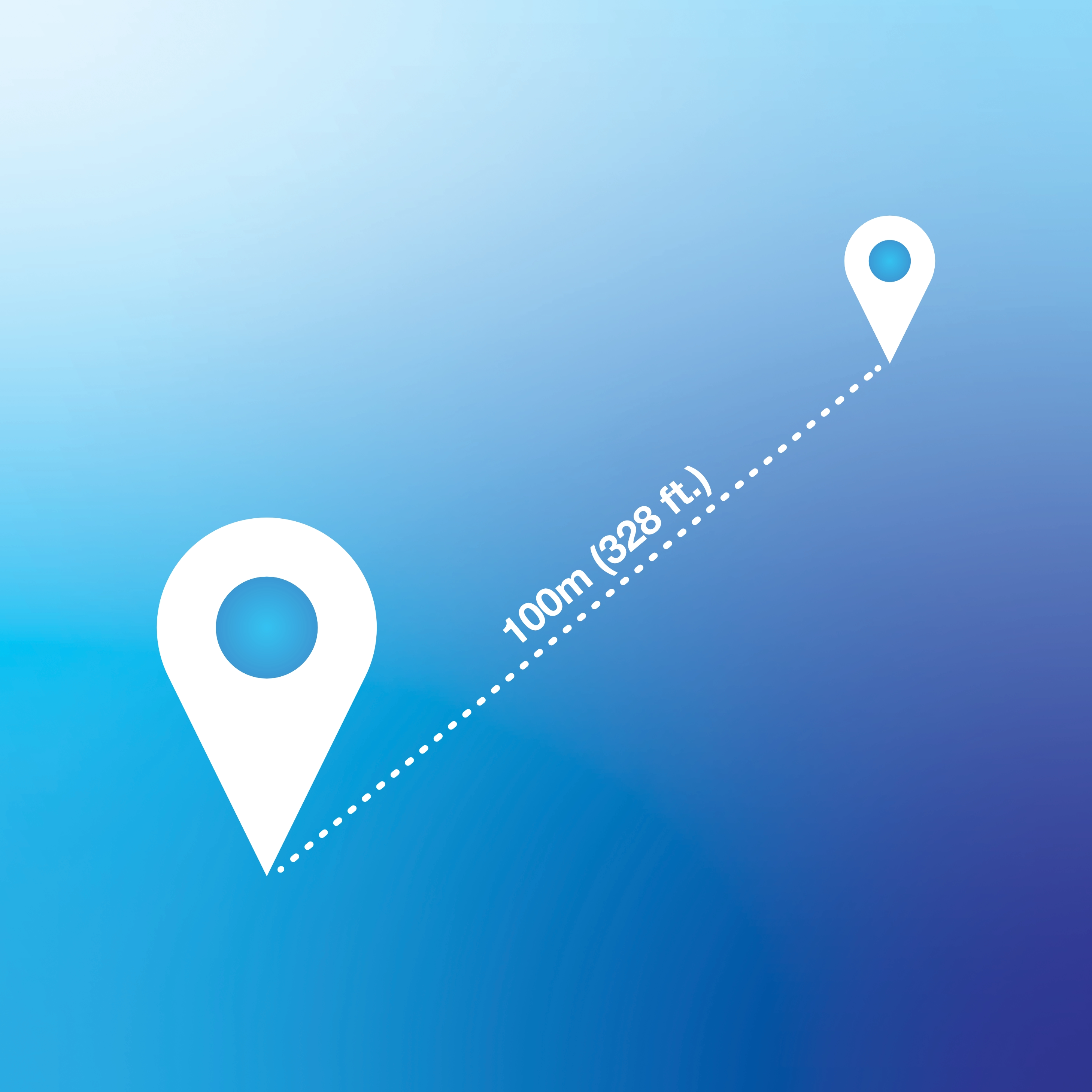 Two location markers connected by a dotted line across a gradient blue background, with the distance labeled 100m (328 ft.) between them, indicating spatial separation or range