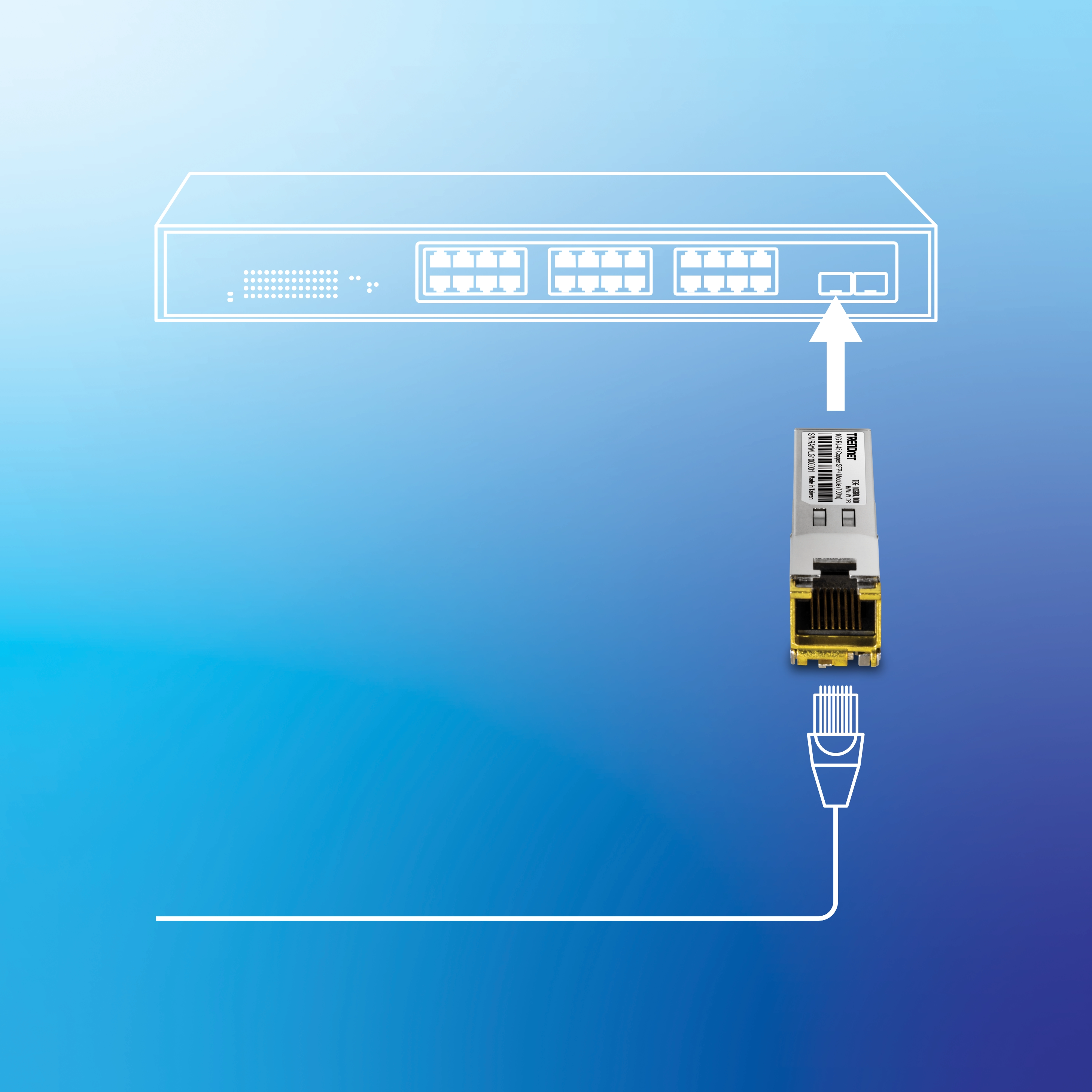 Network switch with multiple ports shown at the top, one port highlighted for transceiver insertion; below, a transceiver module connected to an Ethernet cable with a white arrow pointing upward toward the designated port, all set against a gradient blue background