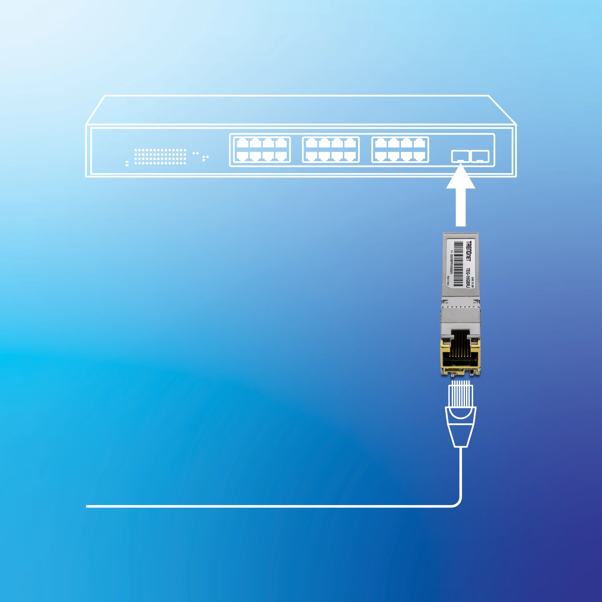 Se muestra un conmutador de red con varios puertos, con una flecha que apunta a un puerto específico. Debajo de él, un módulo transceptor está conectado a un cable, lo que demuestra la configuración de la conexión. El fondo presenta un degradado de tonos azules.
