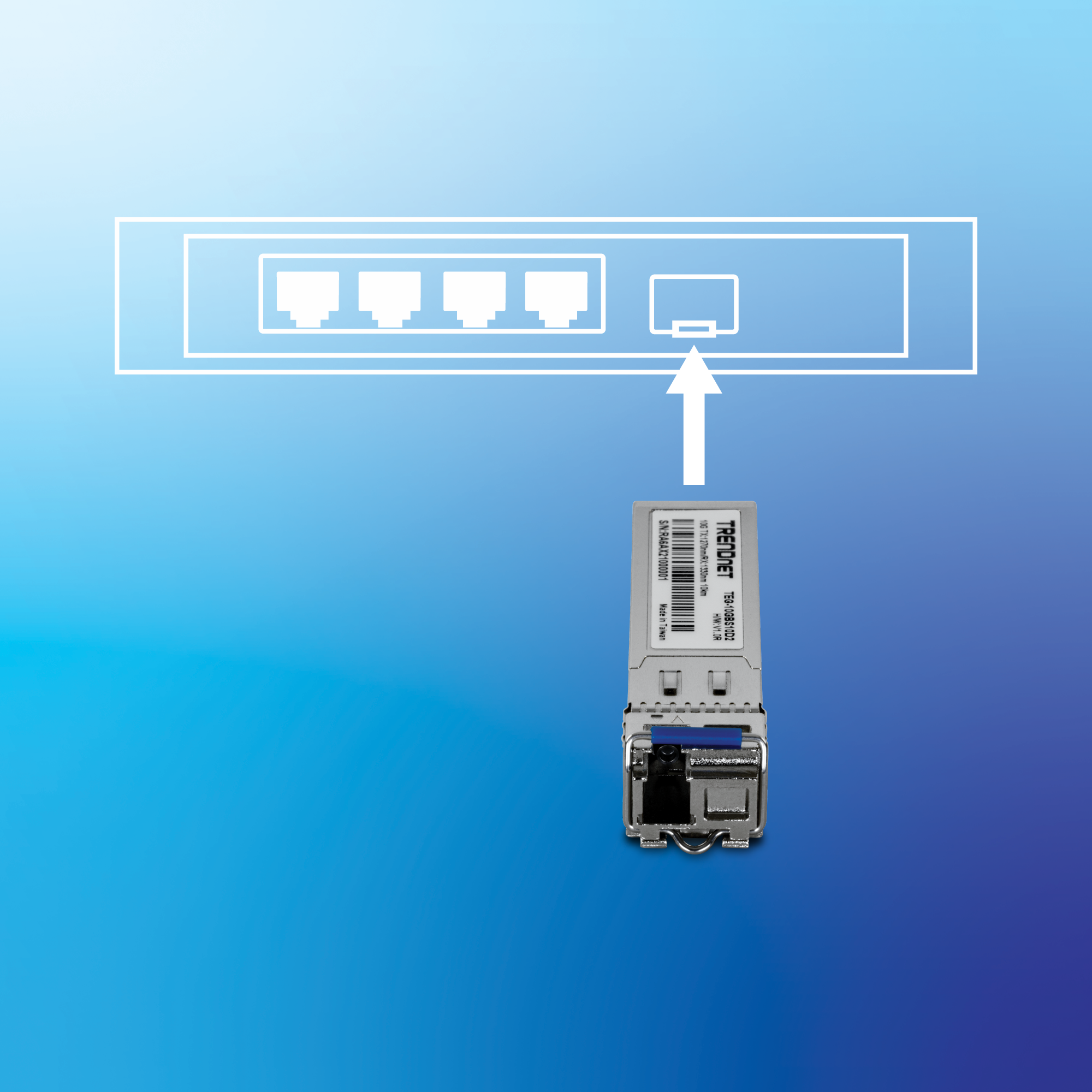 SFP+ fiber transceiver module shown below a network device port diagram with an arrow indicating installation into an SFP+ slot, illustrating compatibility with supported network equipment.