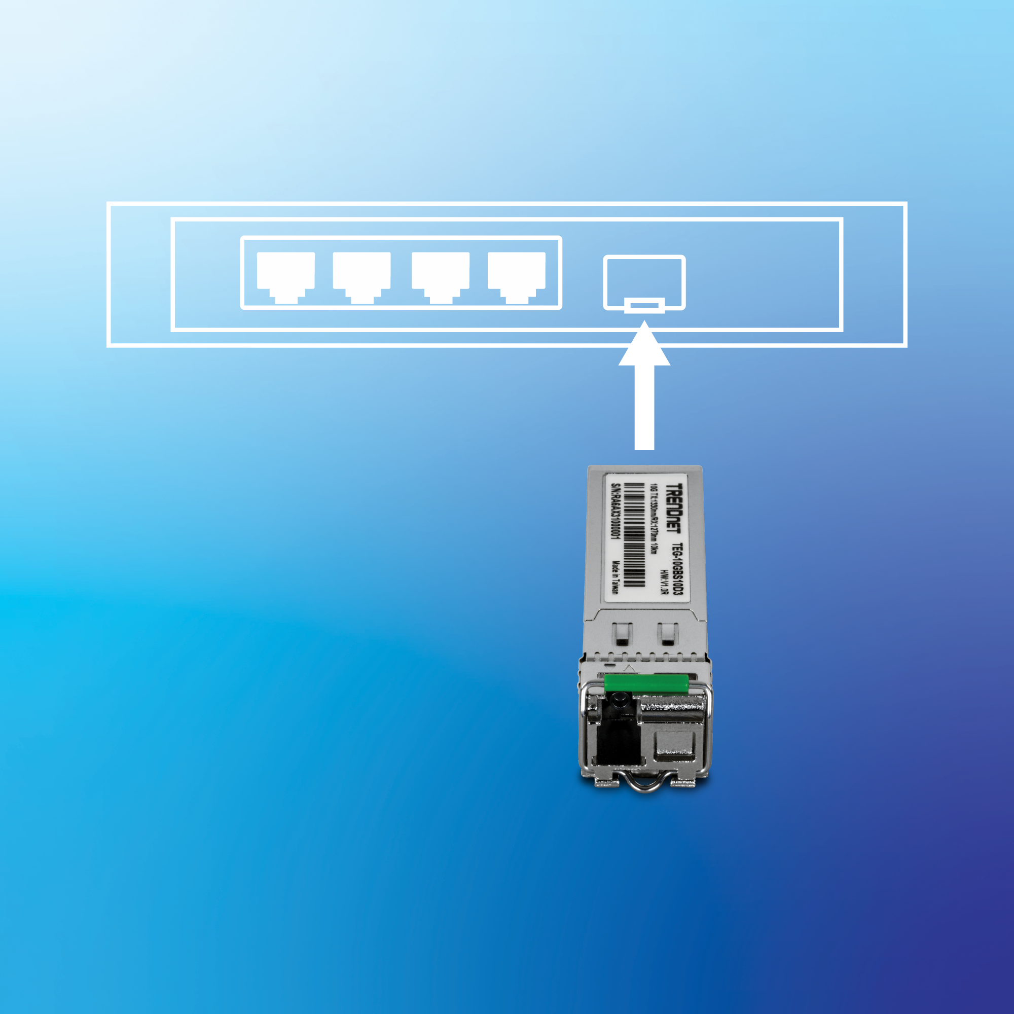 SFP+ fiber transceiver module shown below a network device port diagram with an arrow indicating insertion into an SFP+ slot, illustrating compatibility with supported switches and network equipment.