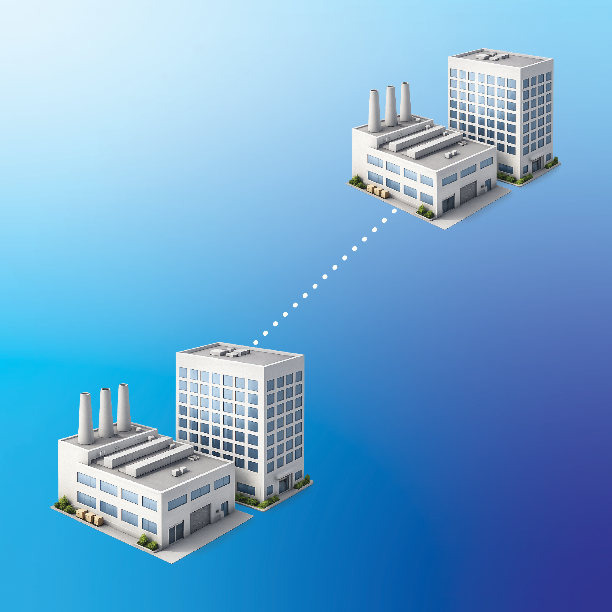Two industrial and office building complexes connected by a dotted communication link, illustrating a network connection between remote locations over a blue gradient background.
