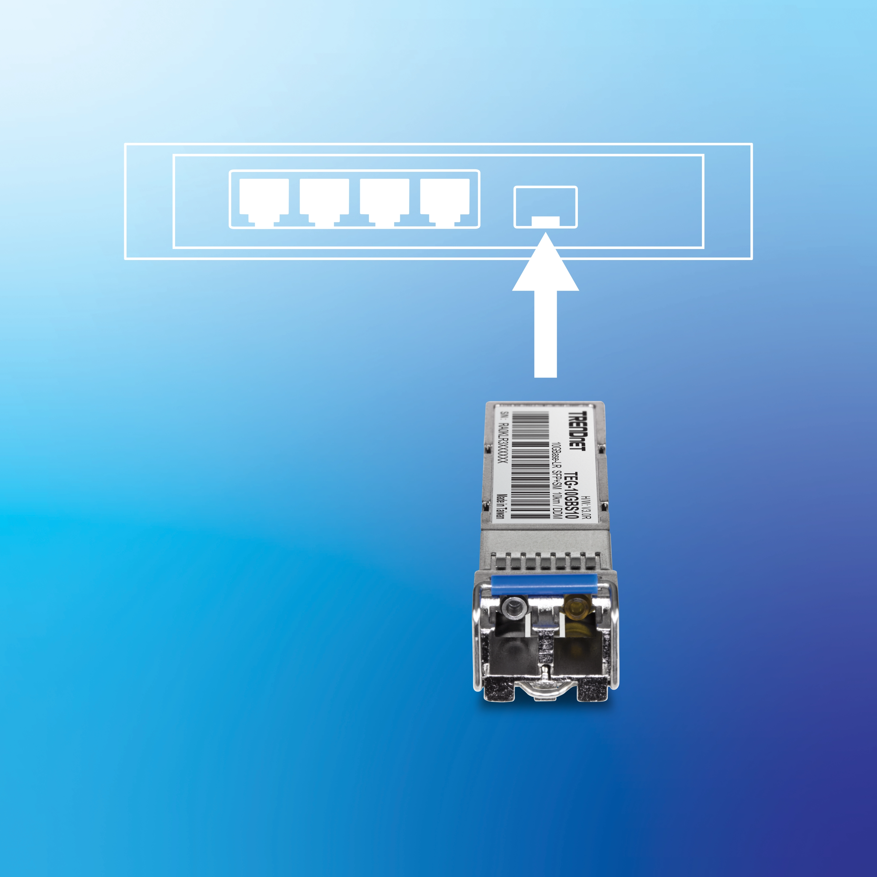 A TRENDnet TEG-10GBS10 SFP+ Single Mode LC Module is placed below a diagram of a network switch, with an arrow pointing to the SFP+ port where the module should be inserted. The background consists of blue gradient shades.