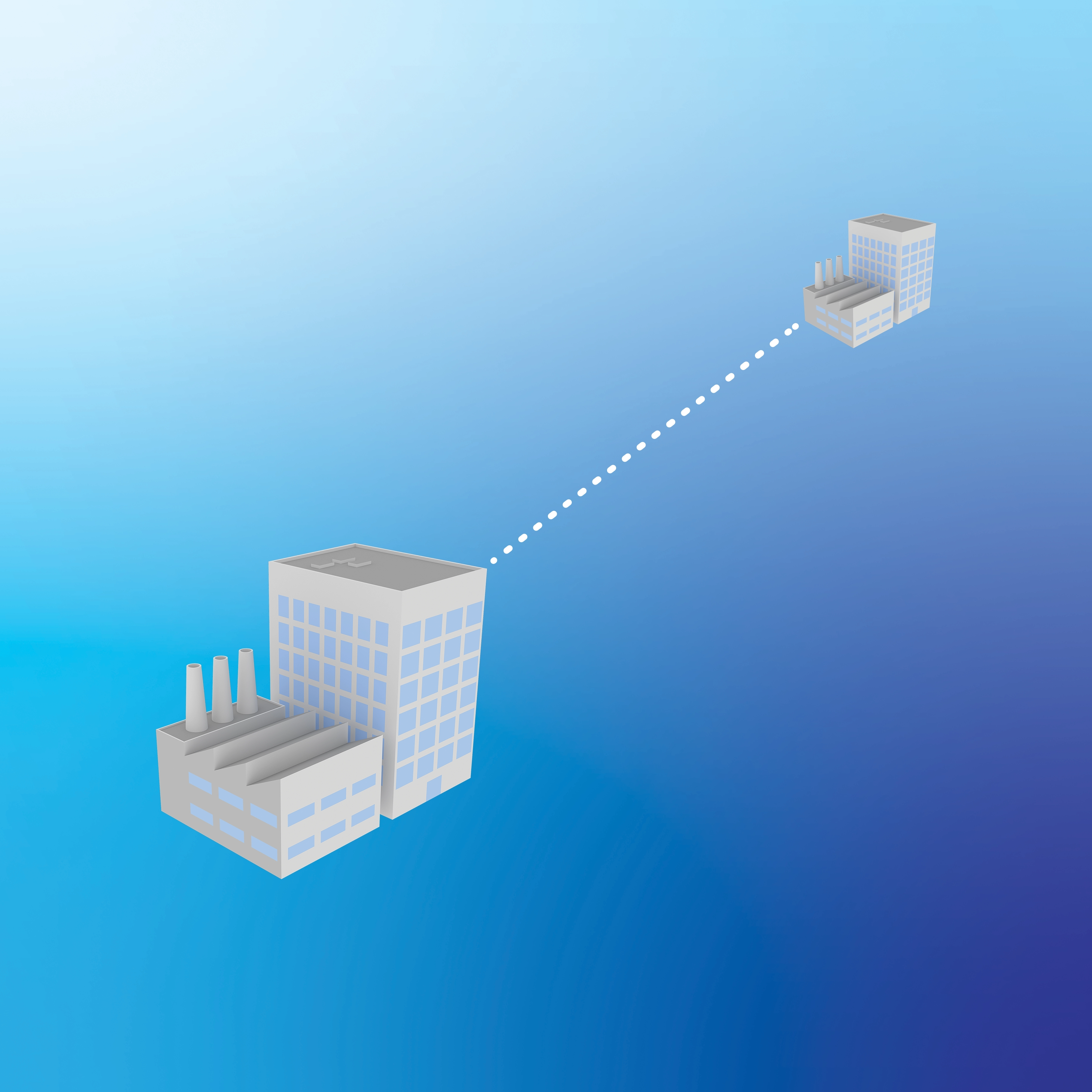 Two identical factory buildings with multiple windows and three smokestacks each are connected by a dotted line, indicating a relationship between them. The background features a gradient transitioning from light blue at the top to dark blue at the bottom.
