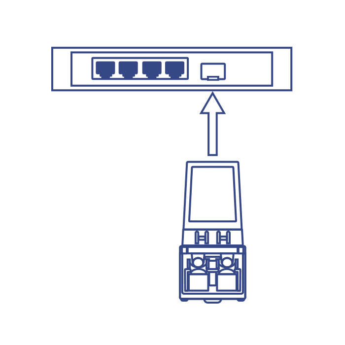 Illustration of a fiber module with an arrow pointing towards it, indicating placement.