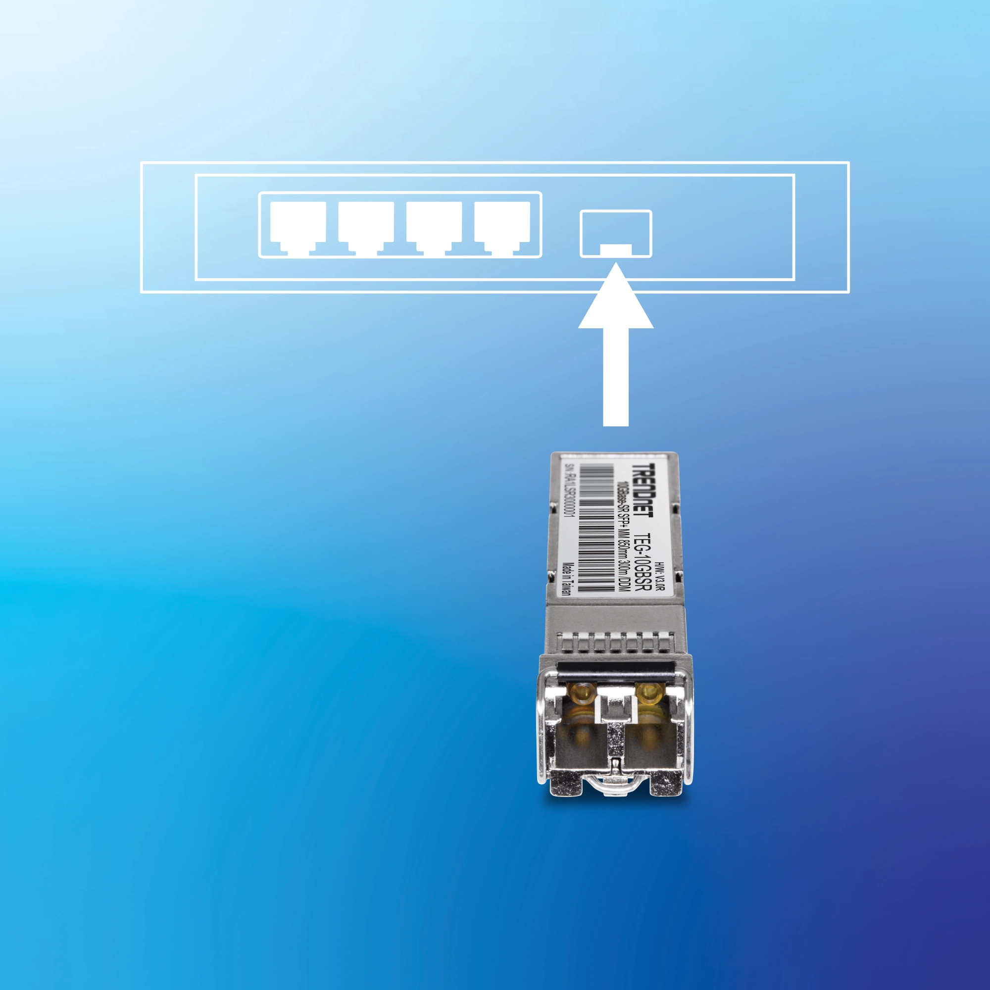 A TRENDnet TEG-10GBSR module is positioned next to a network switch with an arrow indicating the correct port for insertion. The highlighted port stands out from the adjacent four, emphasizing proper installation. The background features a smooth blue gradient.