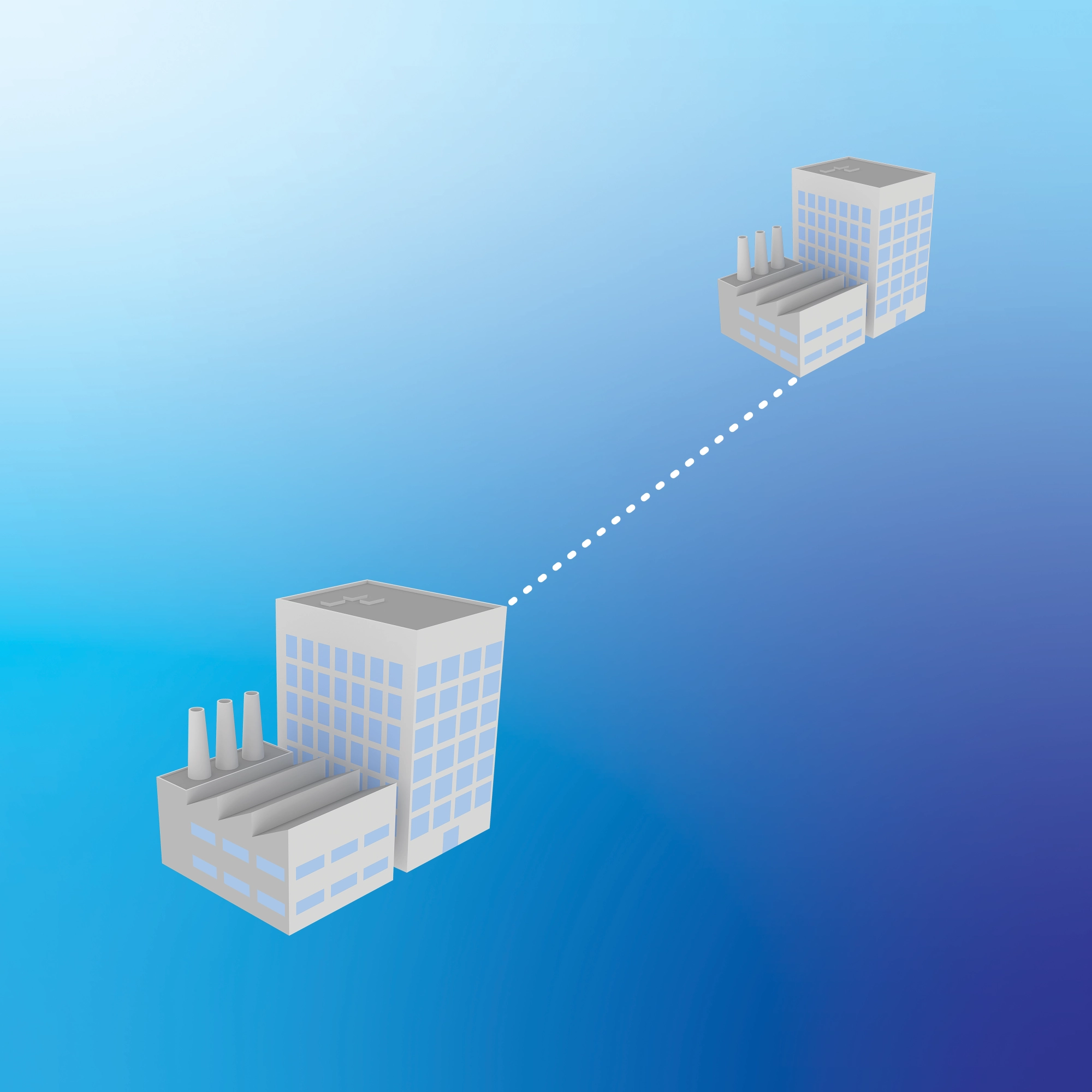 Two identical factory buildings with multiple windows and three smokestacks each are connected by a dotted line, indicating a relationship between them. The background features a gradient transitioning from light blue at the top to dark blue at the bottom.
