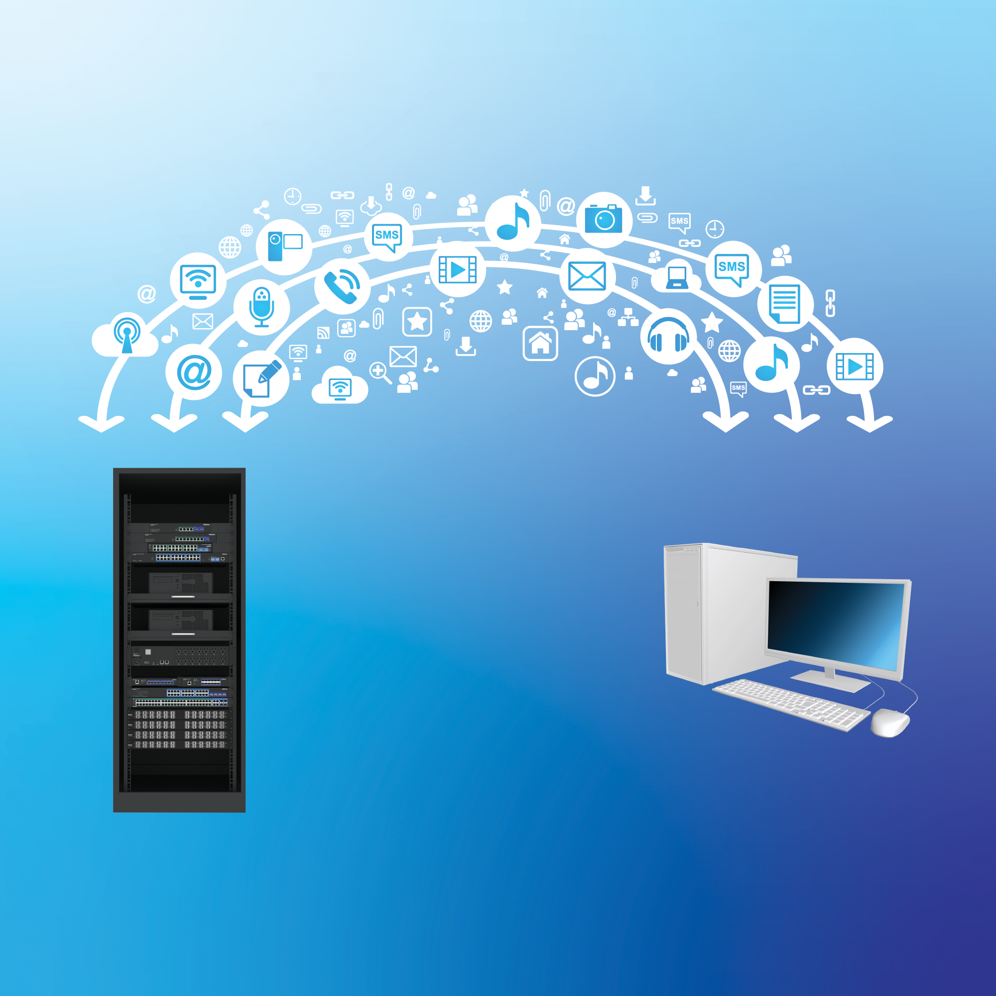 Rack de servidores y ordenador de sobremesa conectados por un arco de iconos que representan datos de red como correo electrónico, audio, vídeo, mensajes, archivos y comunicación inalámbrica que fluyen entre sistemas.