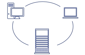 Three computers, including a desktop, server, and laptop, connected in a circular arrangement, representing compatibility with various operating systems.