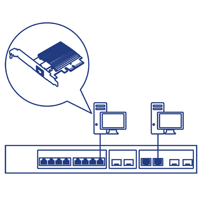 Illustration of a PCIe Network Adapter with two desktop computers connected to a network switch, highlighting the adapter’s role in providing network connectivity.