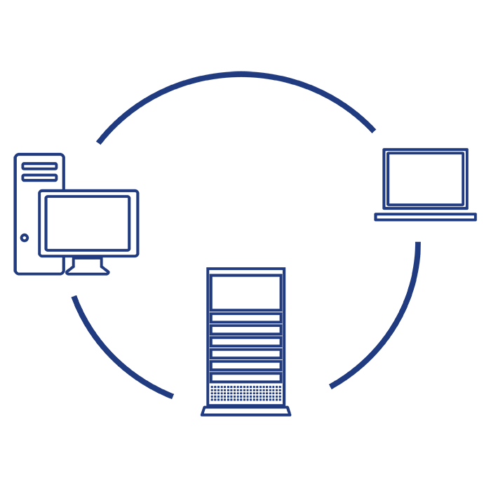 Three computers, including a desktop, server, and laptop, connected in a circular arrangement, representing compatibility with various operating systems.