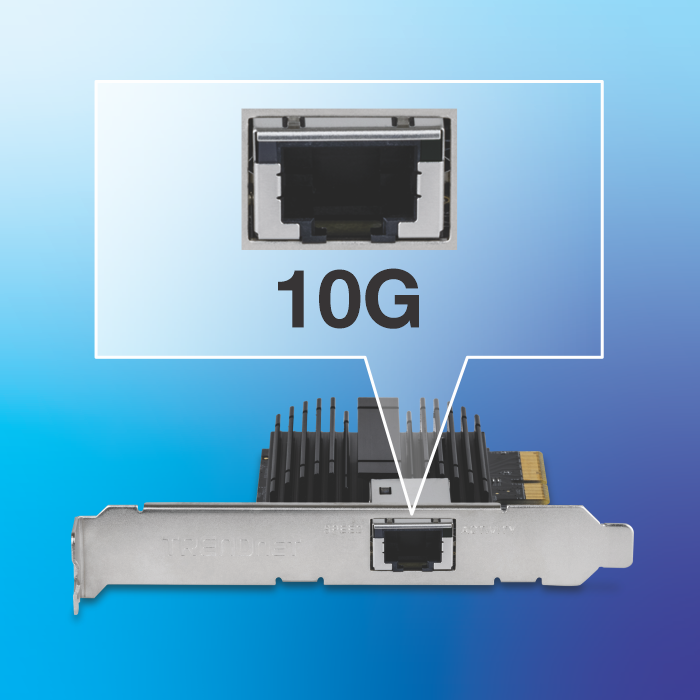A 10G Ethernet port on a network interface card (NIC) with a close-up view of the port and the text '10G' highlighted.