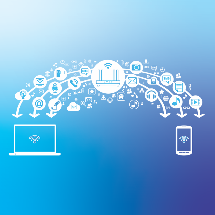 Diagram showing a router in the center connecting to various icons representing data, which then connects to a laptop on the left and a smartphone on the right.
