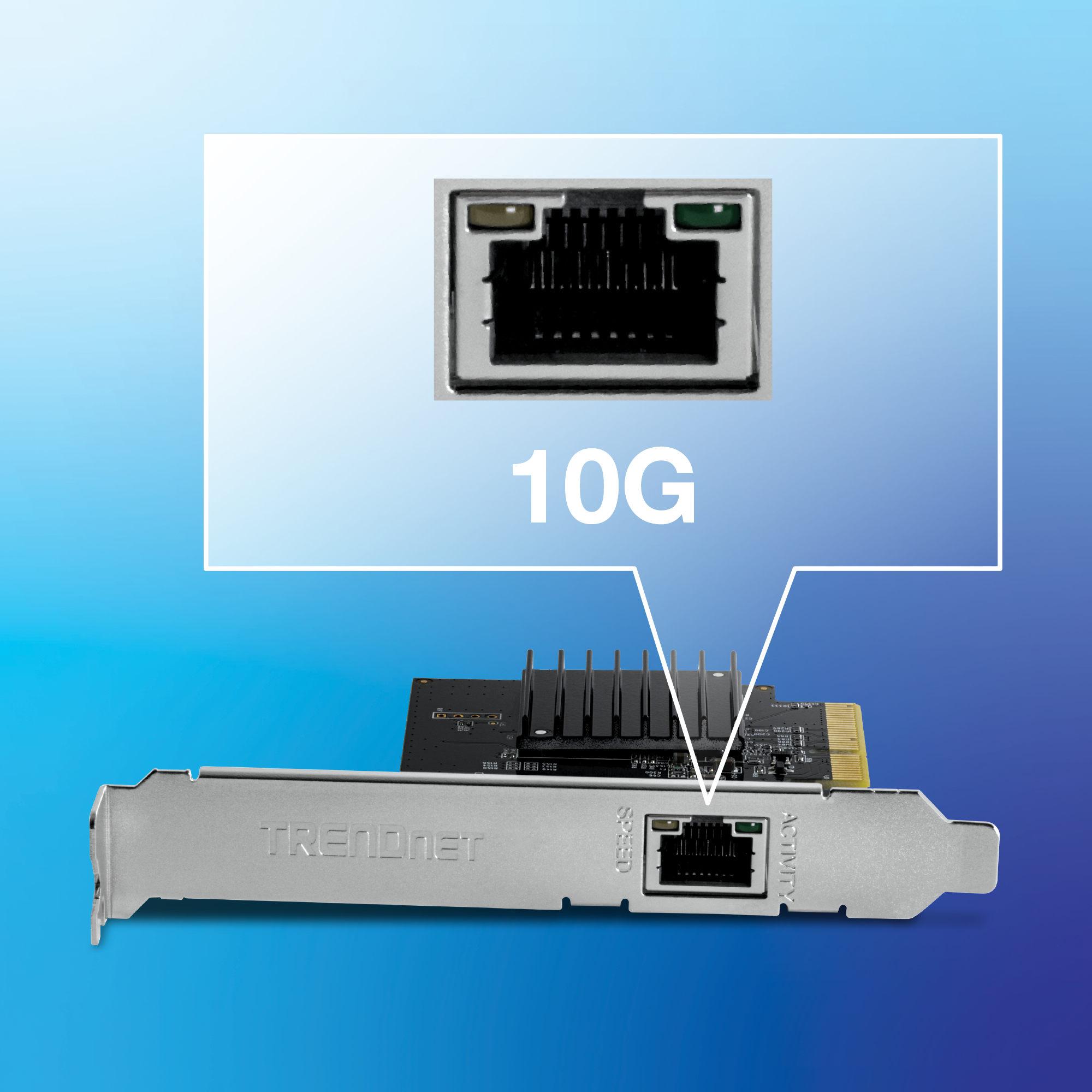 Close-up of a 10G RJ45 Ethernet port on a PCIe network adapter with LED indicators, highlighting 10Gbps network connectivity.