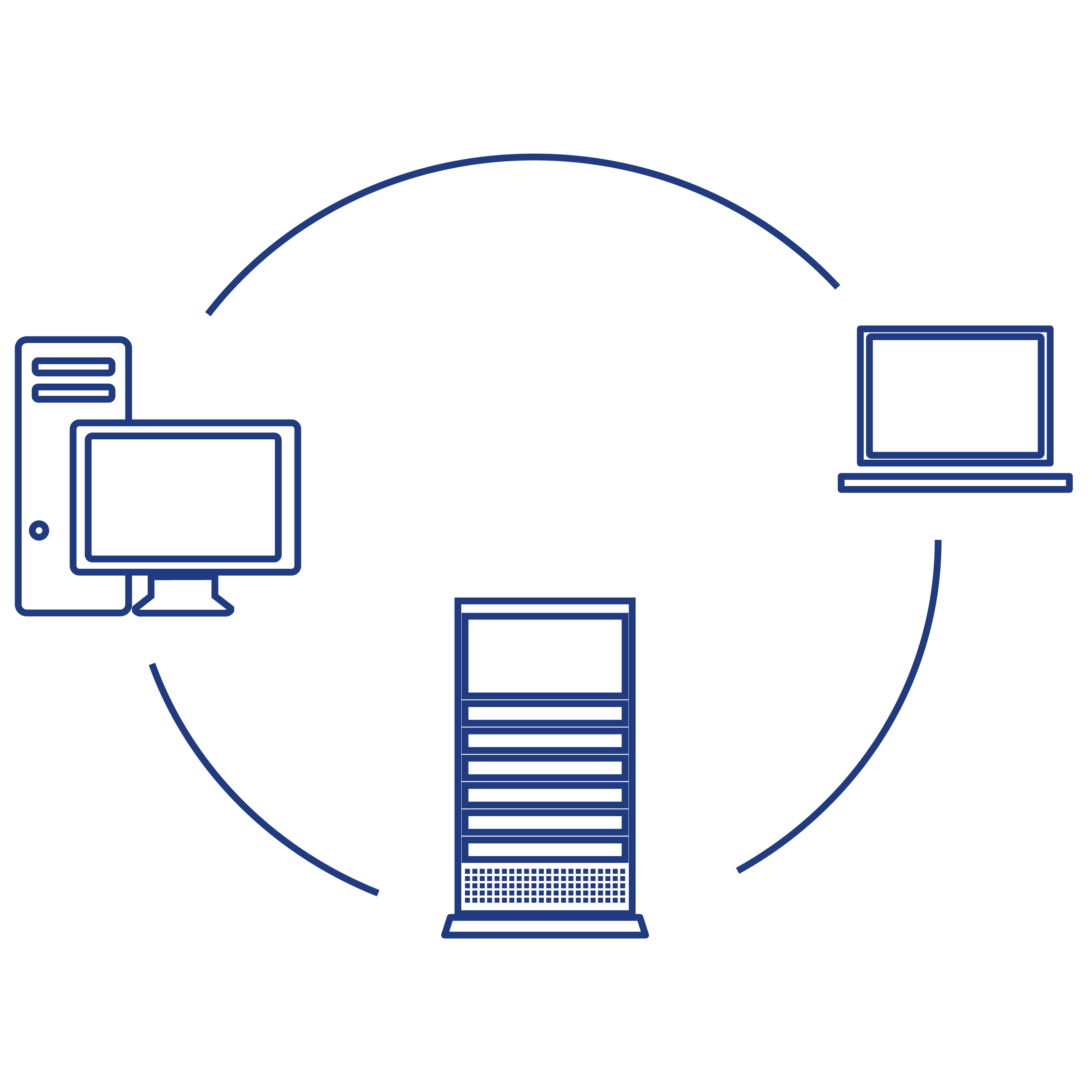 Trois ordinateurs (ordinateur de bureau, serveur, ordinateur portable) connectés en cercle, symbolisant la compatibilité avec les systèmes d’exploitation Windows et Windows Server.