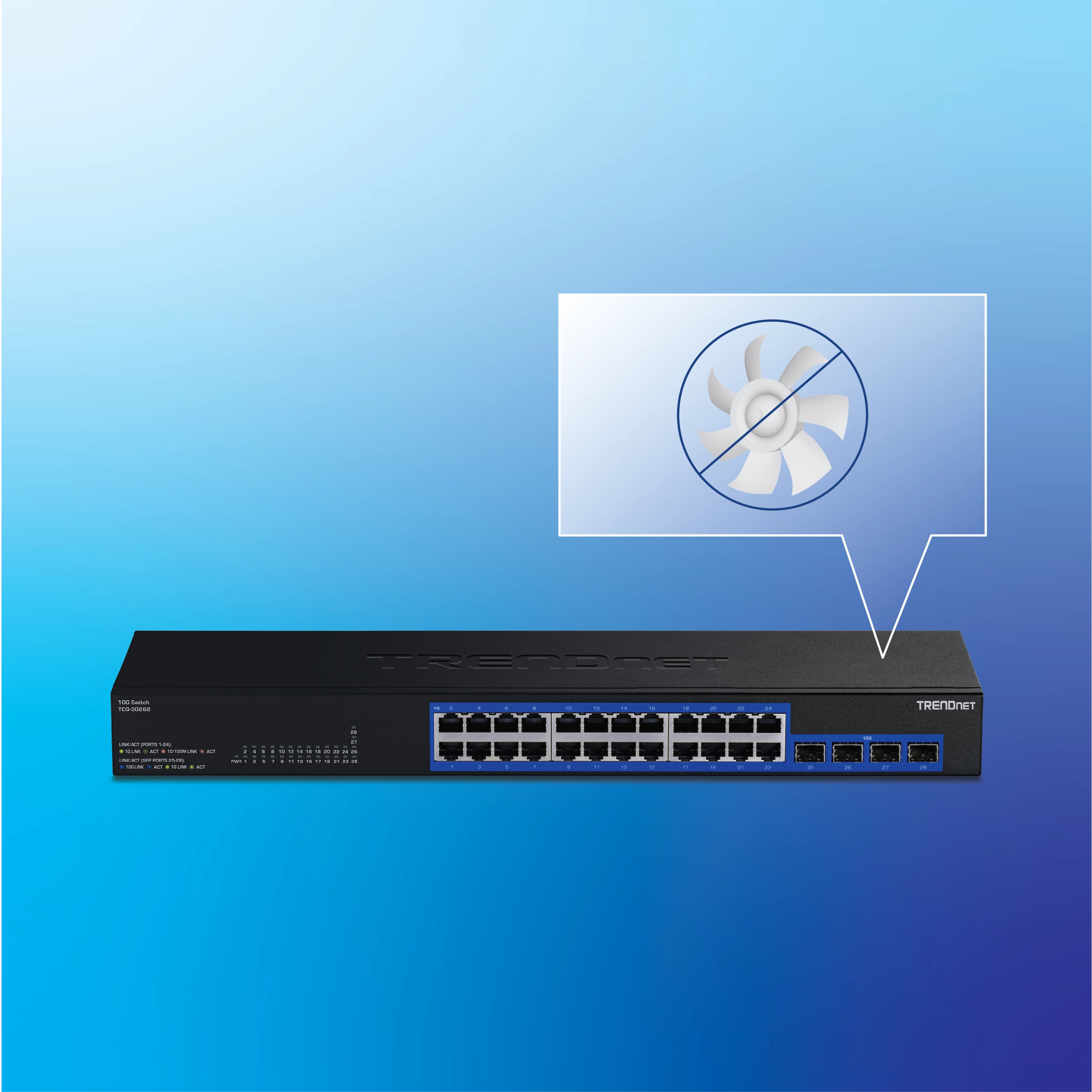 Illustration of a network switch showing a ‘no fan’ icon, indicating a fanless design.