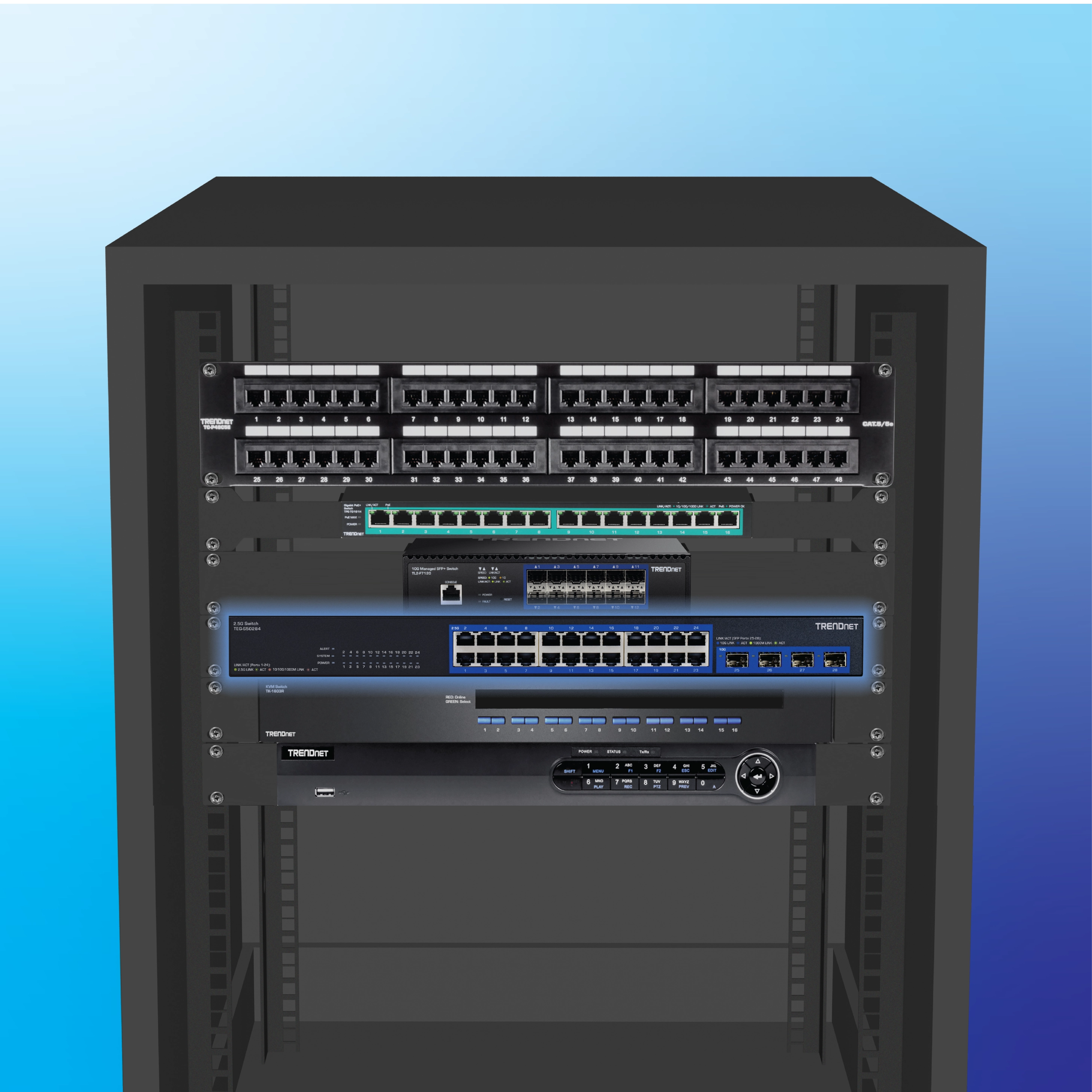 Server rack with network switch featuring numerous ports.