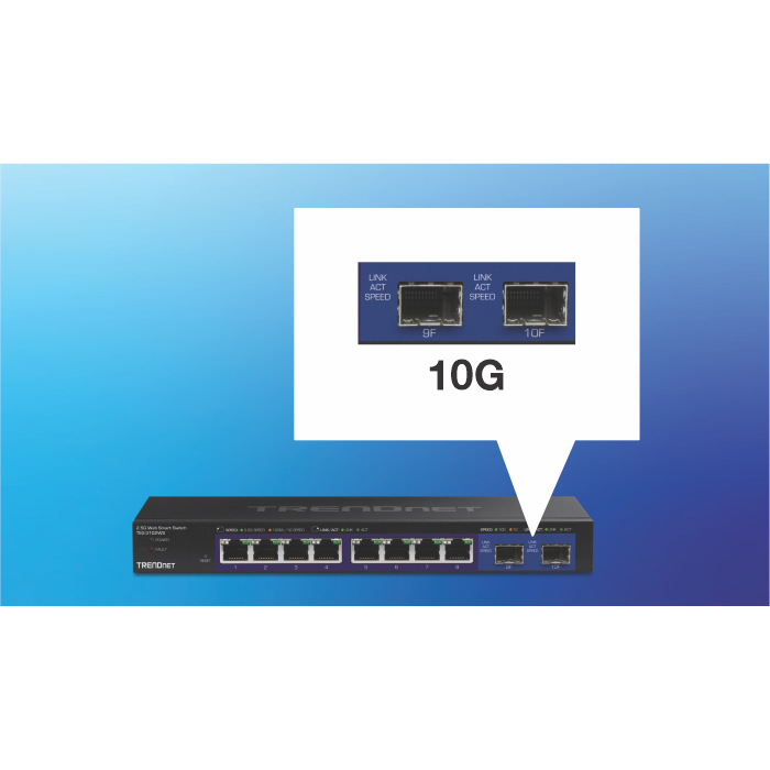 Conmutador de red de 10 puertos que indica la velocidad del puerto 10G.