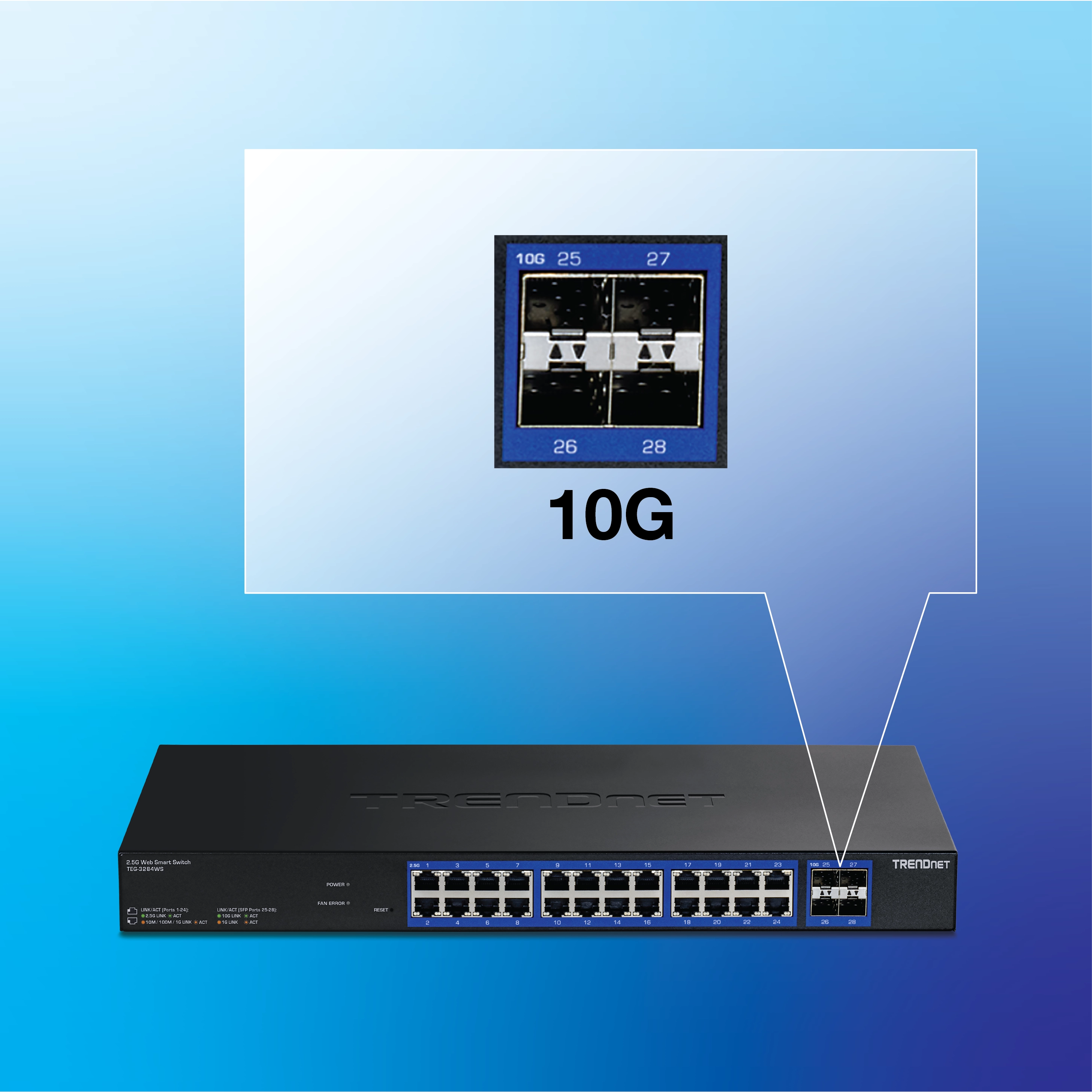 Switch de rede de 18 portas indicando velocidade de porta de 10G.