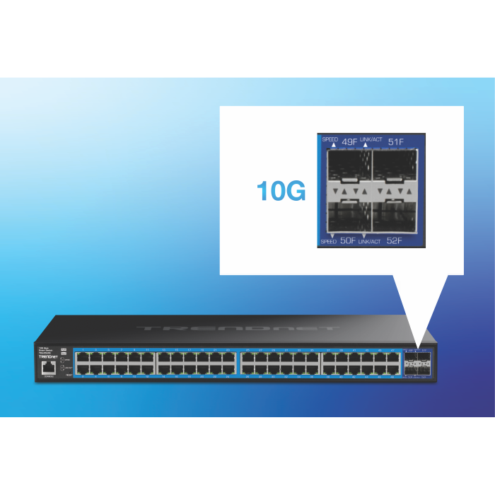 52-Port-Netzwerk-Switch mit Anzeige der 10G-Port-Geschwindigkeit.