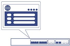 Line art of a Network switch with dashboard management speech bubble.