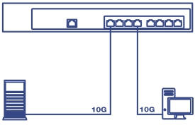 The illustration shows a network switch with two lines: one going to the left to a server with the line labeled 10G, and a desktop computer on the right with a line also labeled 10G.