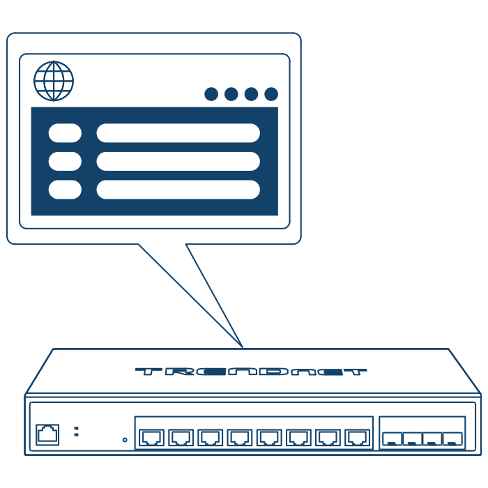 Line art of a Network switch with dashboard management speech bubble.