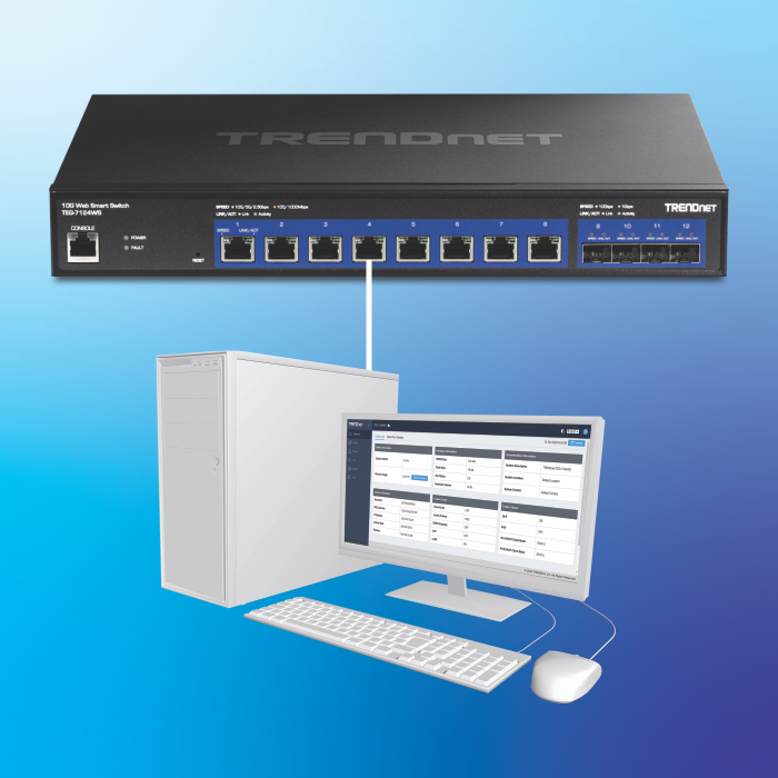 A network device, showing connection to a computer with GUI interface on screen.