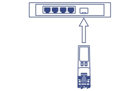 El diagrama de red ilustra un módulo SFP de cobre RJ-45 1000BASE-T insertado en un puerto SFP. Demuestra compatibilidad con ranuras SFP compatibles con MSA y conexiones RJ-45 1000BASE-T.