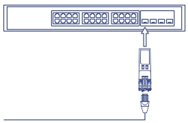 Diagrama de red que muestra un módulo SFP de cobre RJ-45 1000BASE-T insertado en un puerto SFP, con un conector RJ-45 conectado a él.