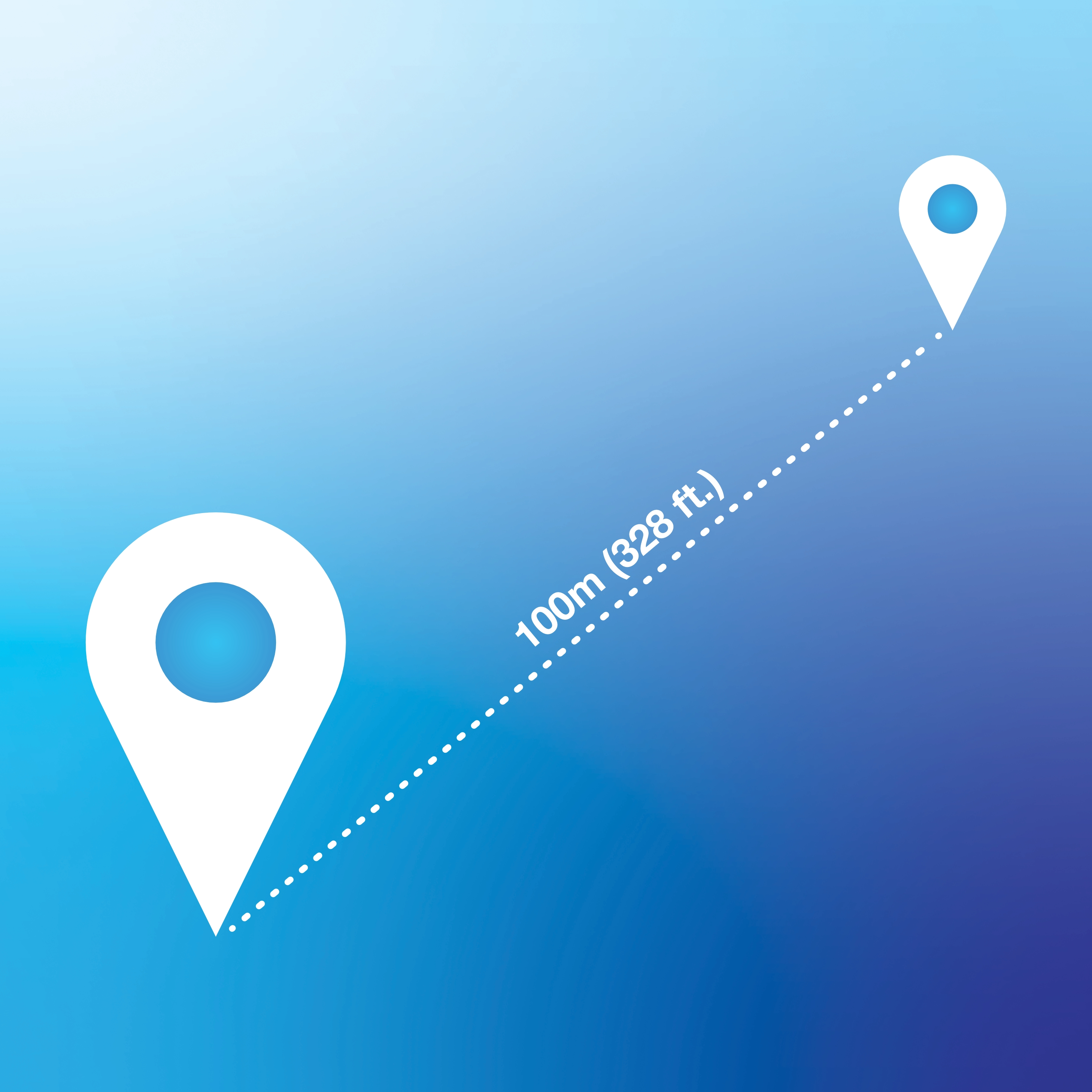 Dos pines de localización conectados por una línea punteada sobre un fondo degradado azul, etiquetados con una distancia de 100 m 328 pies entre los pines.
