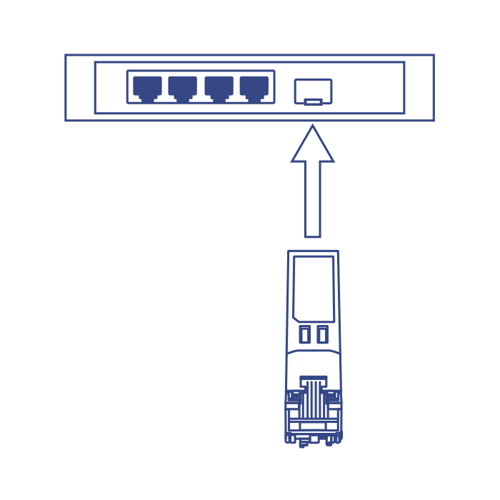 Illustration of a fiber module with an arrow pointing towards it, indicating placement.