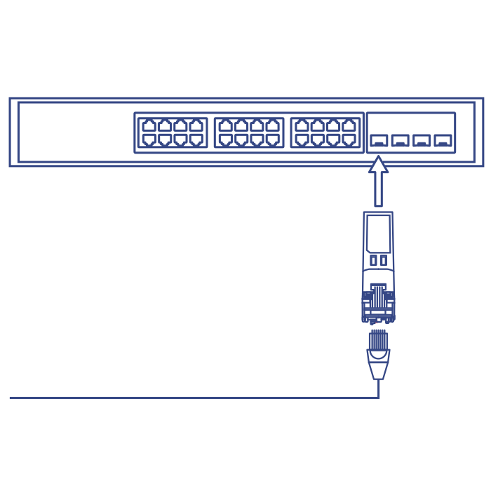 Network diagram showing a 1000BASE-T RJ-45 Copper SFP Module inserted into an SFP port, with an RJ-45 connector connected to it.