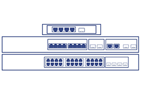Three network switches, depicted in a simple line drawing, are stacked on top of each other. They represent various switch types.
