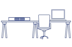 Desenho de linha de um espaço de trabalho moderno com uma mesa, cadeira de escritório, roteador e laptop.