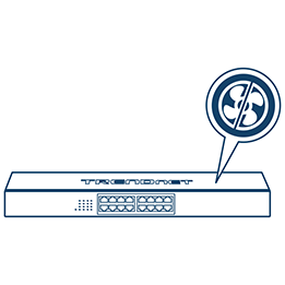 Line art of a 16-Port Network Switch with a no-fan icon.
