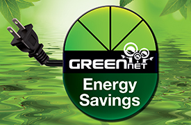 Logo of GreenNet Energy Savings featuring a circular emblem divided into black and green segments with a white electrical plug icon at the top and two white leaves forming an ‘X’ in the center. The logo is set against a background of water with green hues and ripples, symbolizing eco-friendly energy solutions.