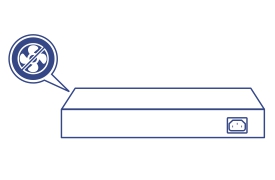 Illustration of the back of a network switch showing a ‘no fan’ icon, indicating a fanless design.