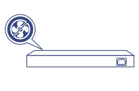 Illustration of the back of a network switch showing a ‘no fan’ icon, indicating a fanless design.