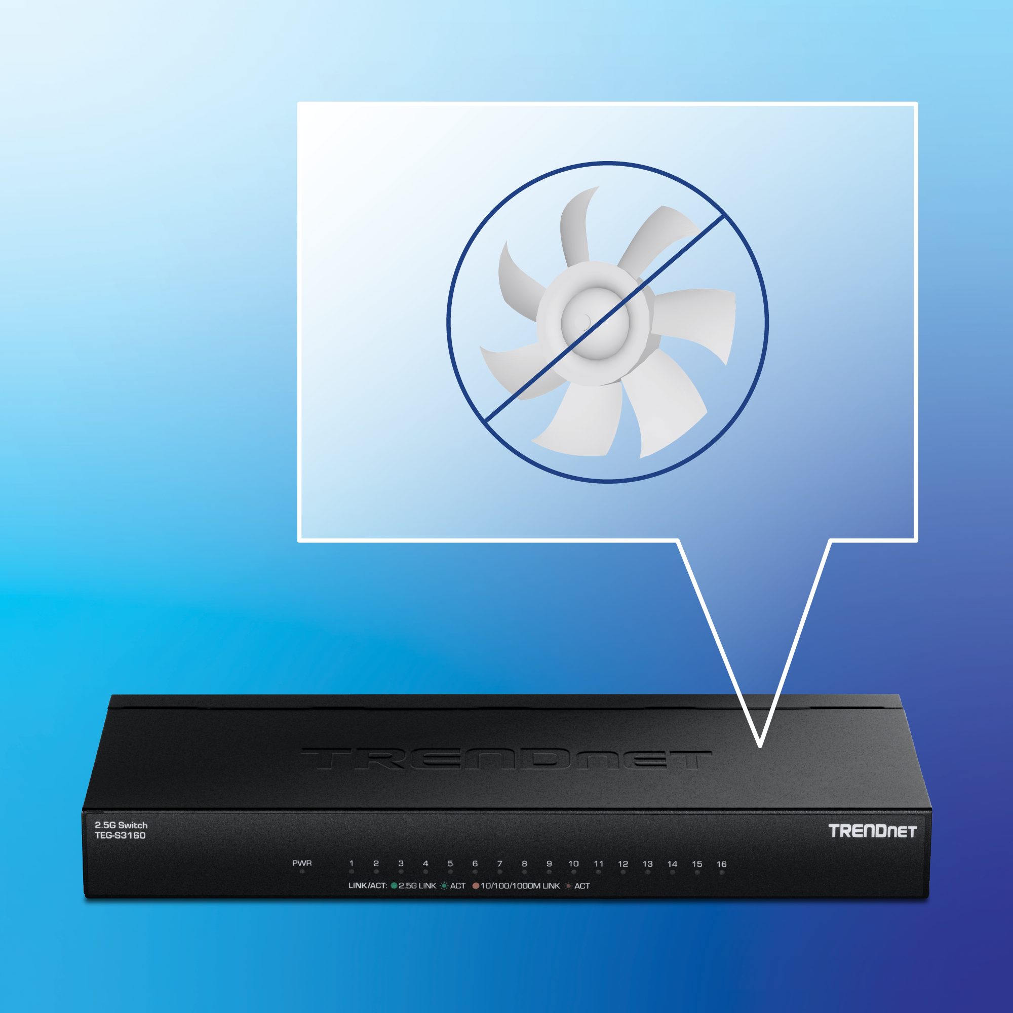 TRENDnet TEG-S3816 2.5G network switch with sixteen Ethernet ports labeled one through sixteen and LED indicators for power, link activity, and speed including 2.5G LINK and 10 100 1000M LINK. Above the switch is a fan graphic with a prohibition symbol indicating fanless silent operation. Black device set against a blue gradient background with clean technical layout.