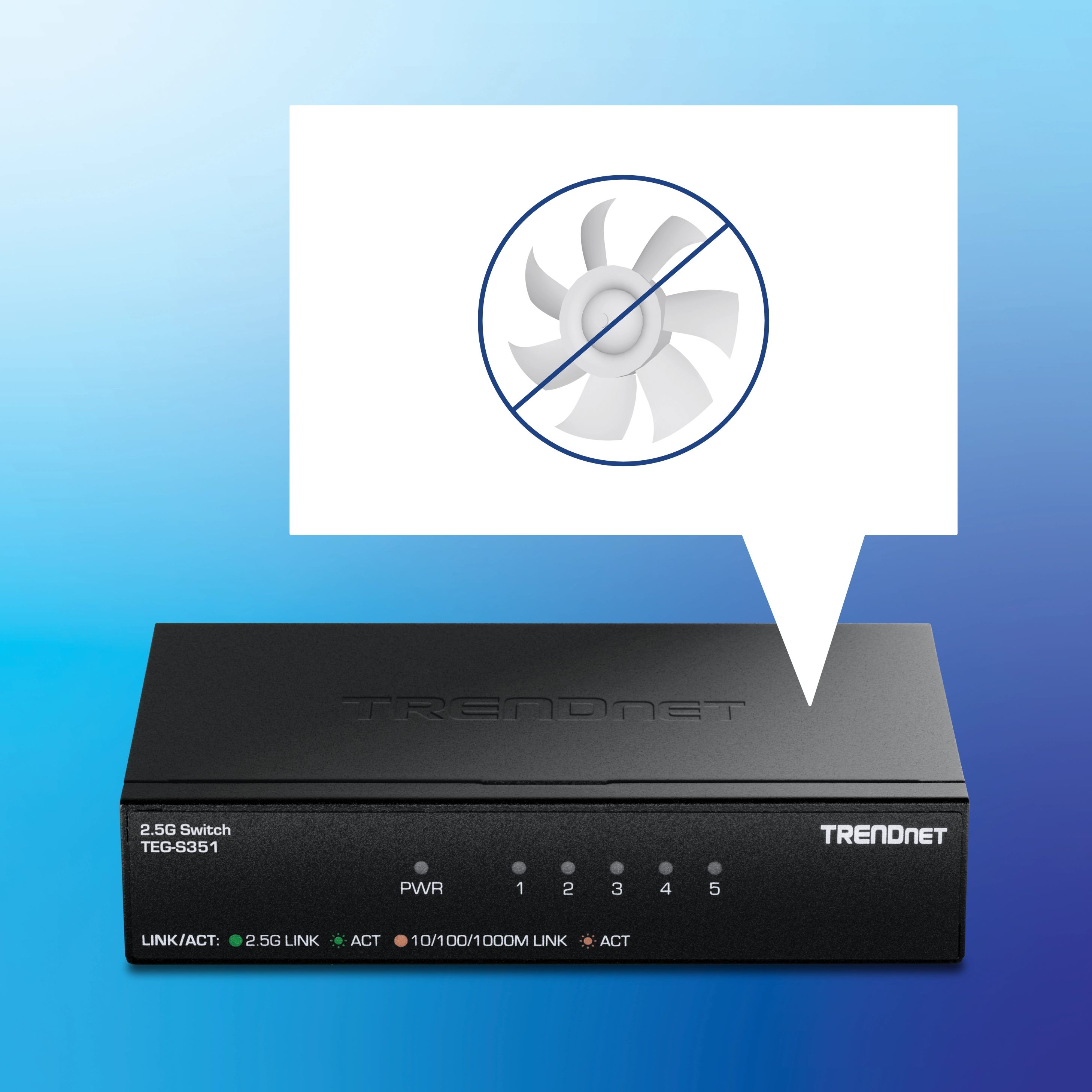 Un commutateur TRENDnet 2.5G noir modèle TEG-S351 est affiché sur un fond dégradé bleu. L’appareil dispose de plusieurs indicateurs LED étiquetés pour l’alimentation, les numéros de port, l’état de la liaison et la vitesse des données. Une bulle blanche avec une icône de ventilateur barrée apparaît au-dessus, suggérant un fonctionnement silencieux et sans ventilateur.